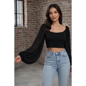 Womens Black Ribbed Crop Top Sheer Textured Balloon Long Sleeve Square Neck S